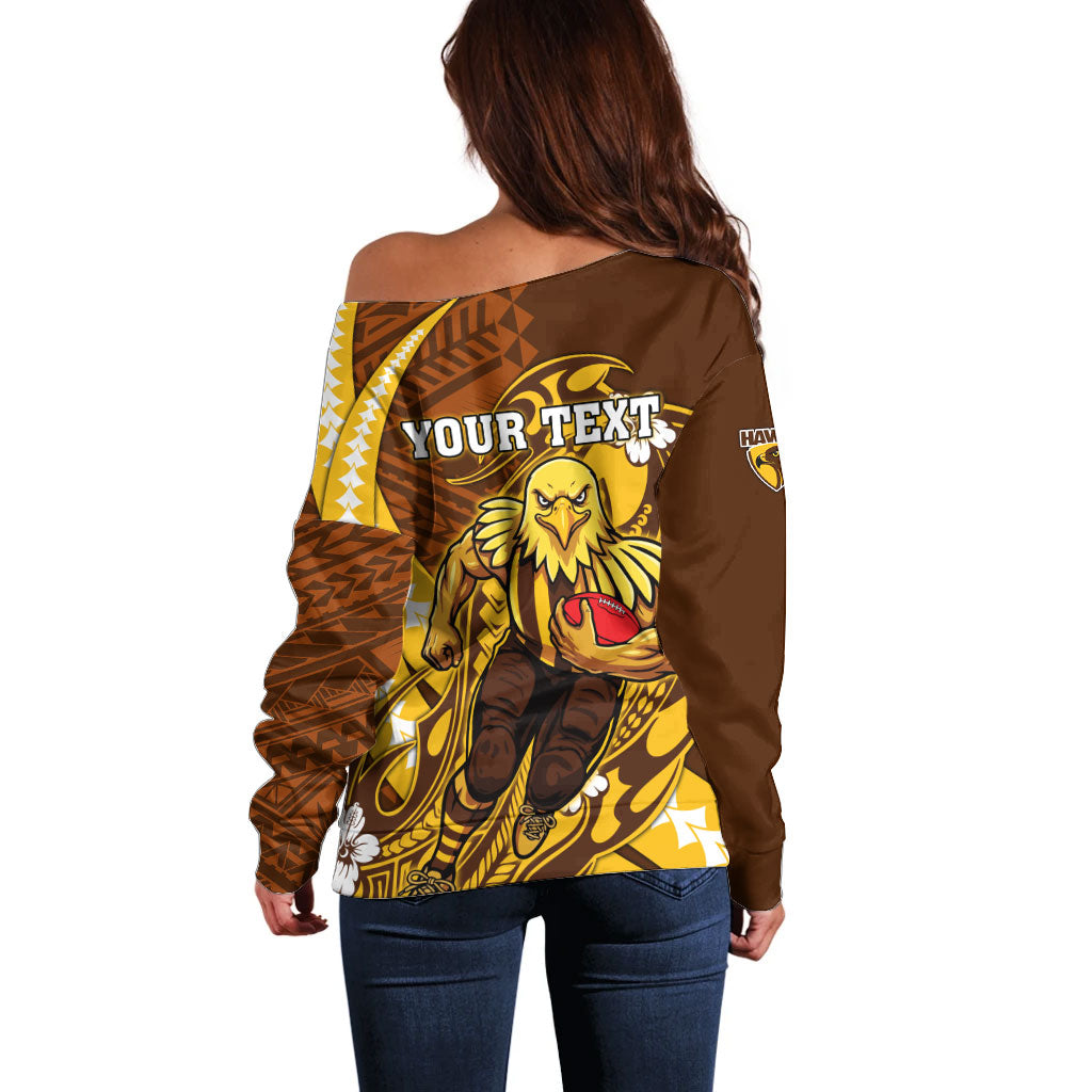 Personalized Hawthorn Hawks Off Shoulder Sweater Polynesian Tribal Hawk Mascot With Hibiscus Flower Art