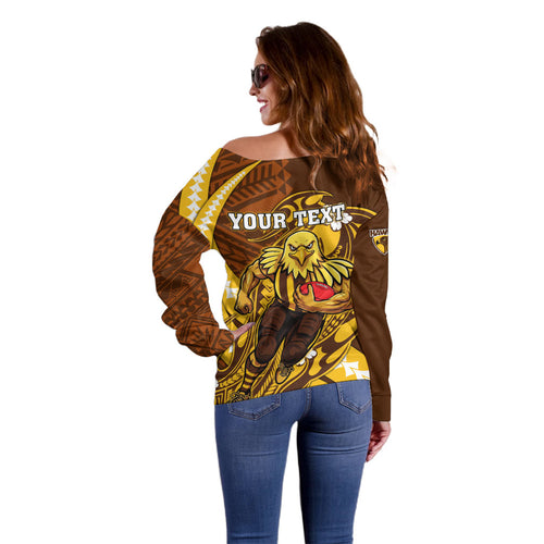 Personalized Hawthorn Hawks Off Shoulder Sweater Polynesian Tribal Hawk Mascot With Hibiscus Flower Art