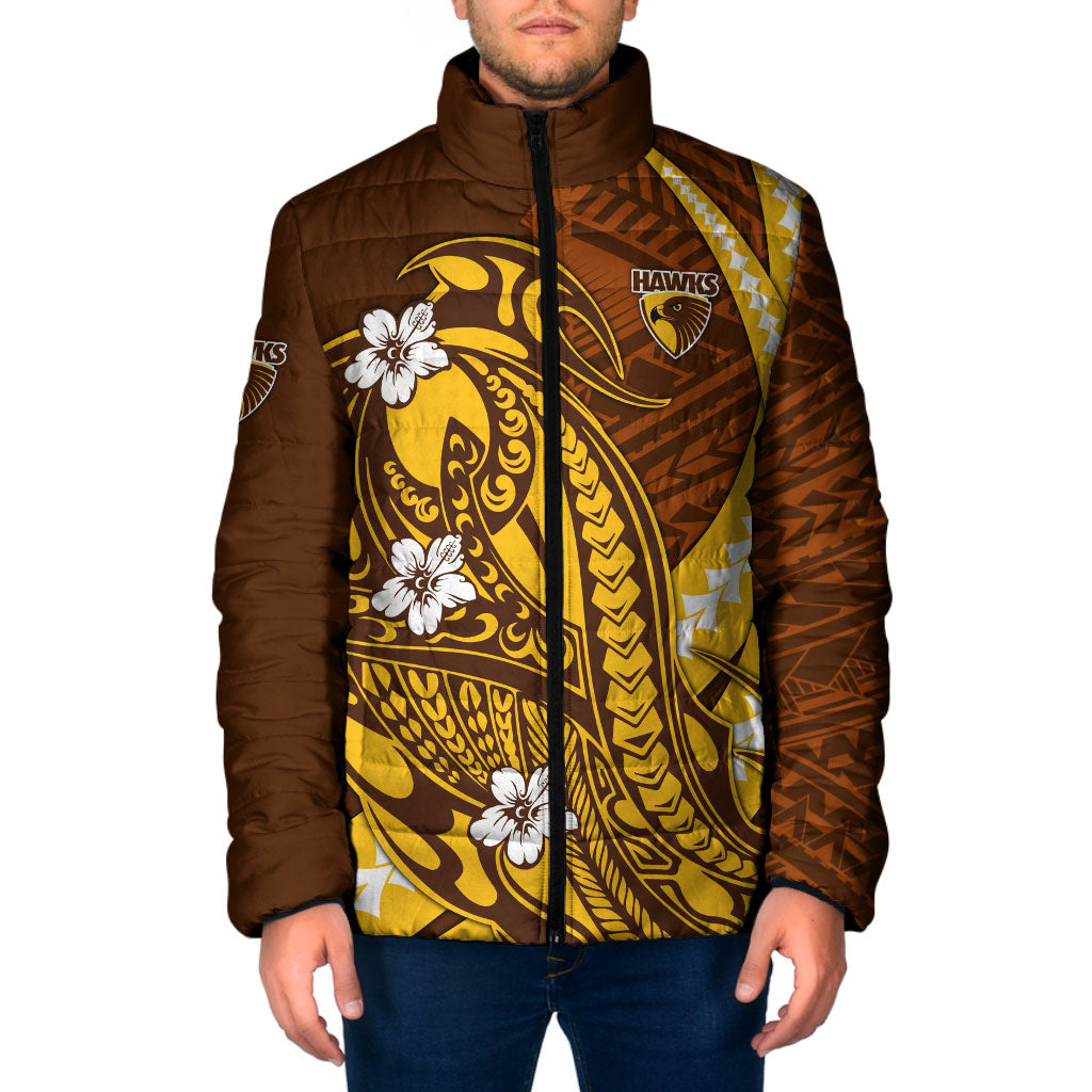 Personalized Hawthorn Hawks Padded Jacket Polynesian Tribal Hawk Mascot With Hibiscus Flower Art