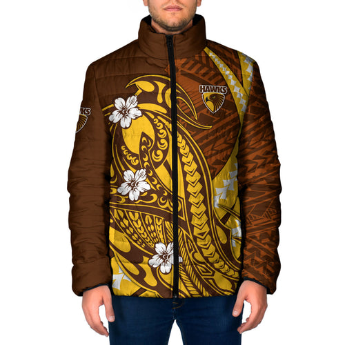 Personalized Hawthorn Hawks Padded Jacket Polynesian Tribal Hawk Mascot With Hibiscus Flower Art