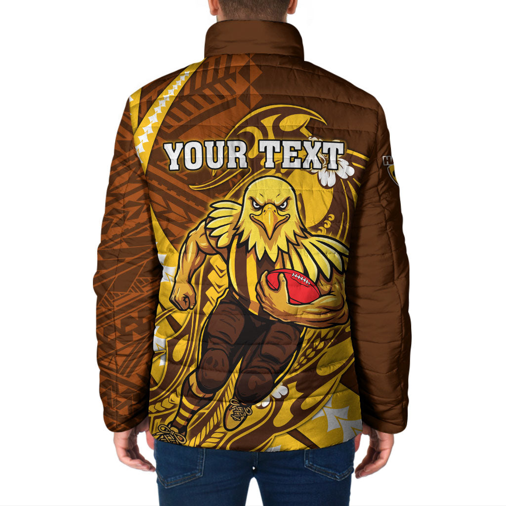Personalized Hawthorn Hawks Padded Jacket Polynesian Tribal Hawk Mascot With Hibiscus Flower Art