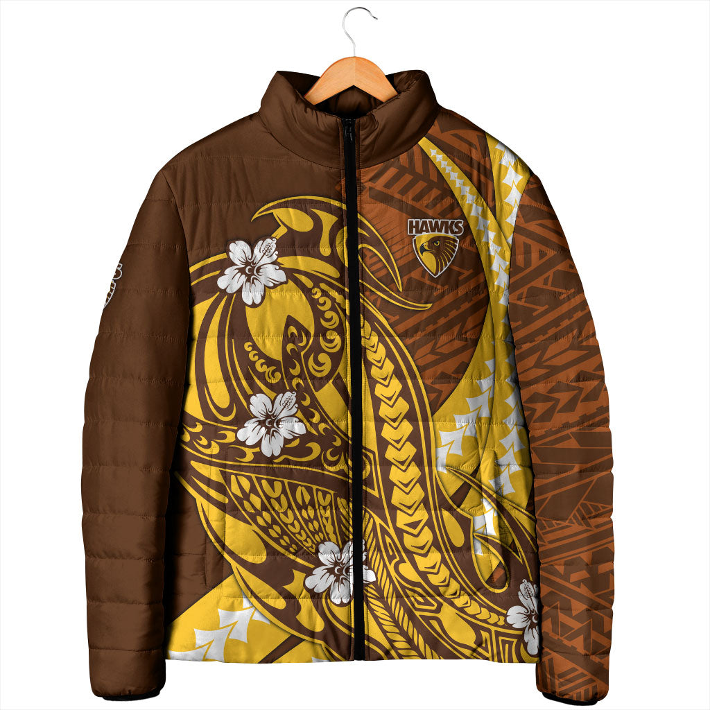 Personalized Hawthorn Hawks Padded Jacket Polynesian Tribal Hawk Mascot With Hibiscus Flower Art