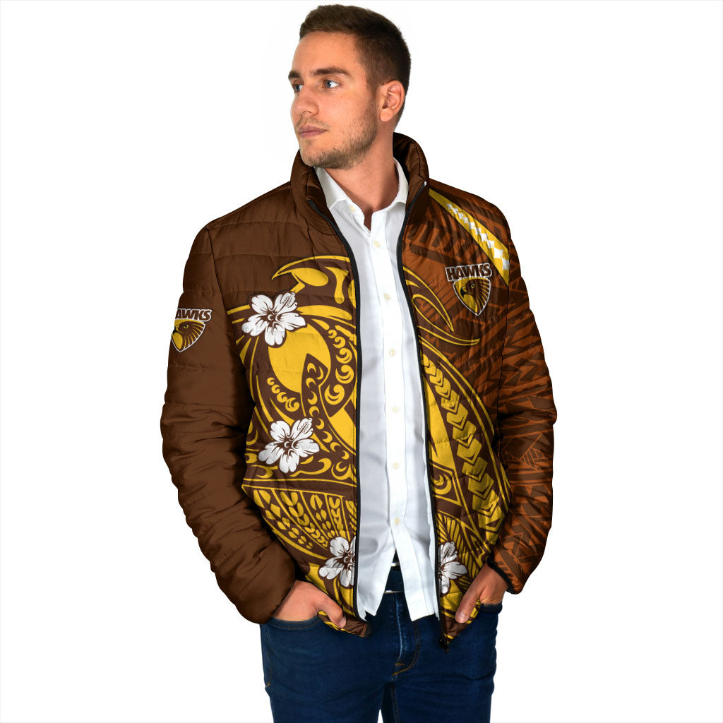 Personalized Hawthorn Hawks Padded Jacket Polynesian Tribal Hawk Mascot With Hibiscus Flower Art