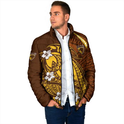 Personalized Hawthorn Hawks Padded Jacket Polynesian Tribal Hawk Mascot With Hibiscus Flower Art