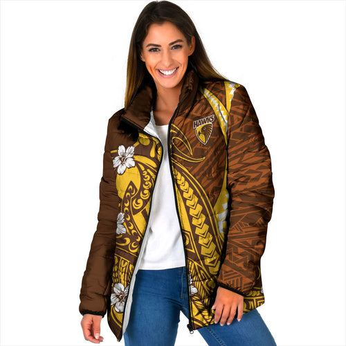 Personalized Hawthorn Hawks Padded Jacket Polynesian Tribal Hawk Mascot With Hibiscus Flower Art