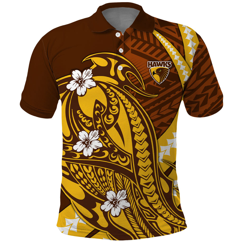 Personalized Hawthorn Hawks Polo Shirt Polynesian Tribal Hawk Mascot With Hibiscus Flower Art
