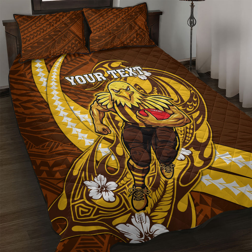 Personalized Hawthorn Hawks Quilt Bed Set Polynesian Tribal Hawk Mascot With Hibiscus Flower Art