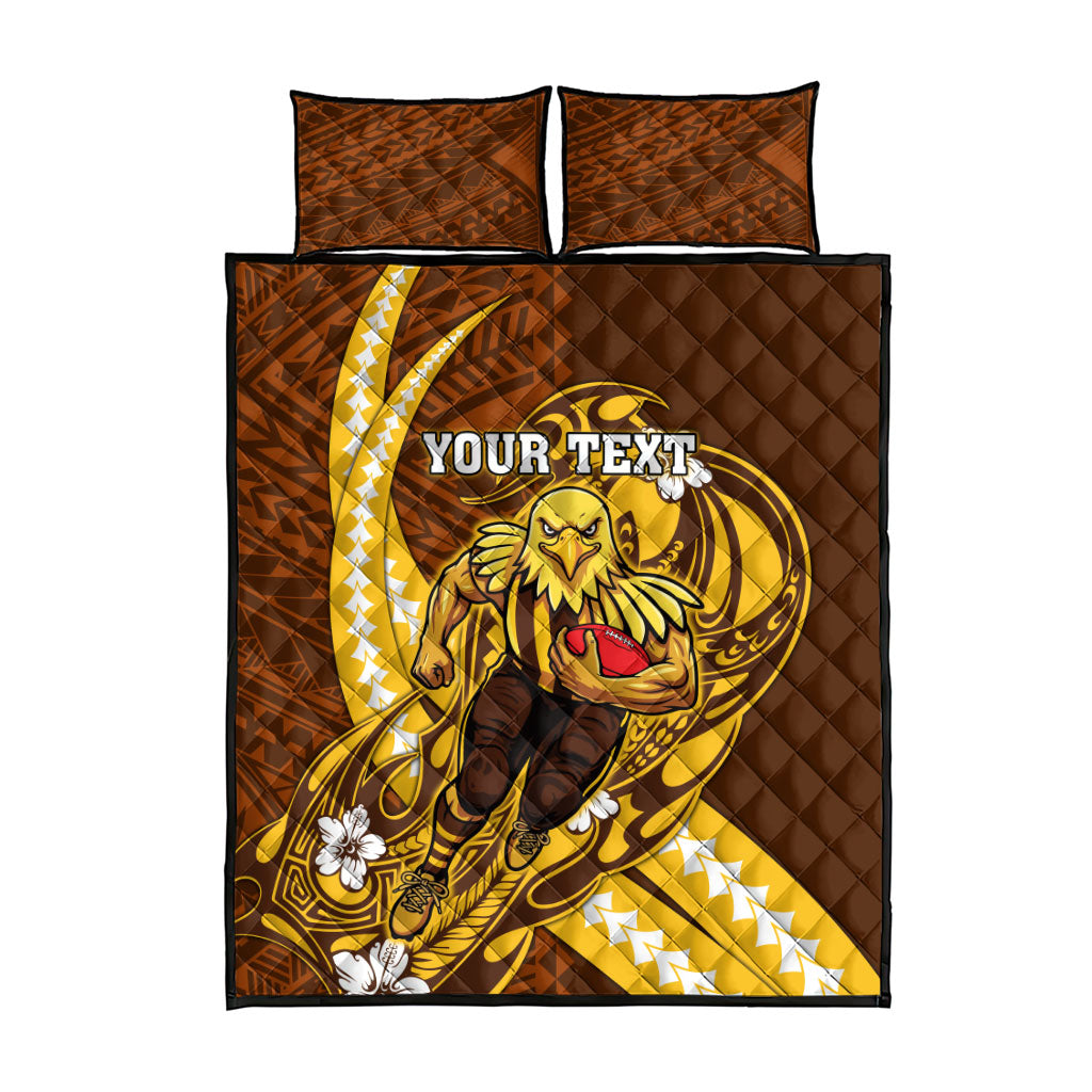 Personalized Hawthorn Hawks Quilt Bed Set Polynesian Tribal Hawk Mascot With Hibiscus Flower Art