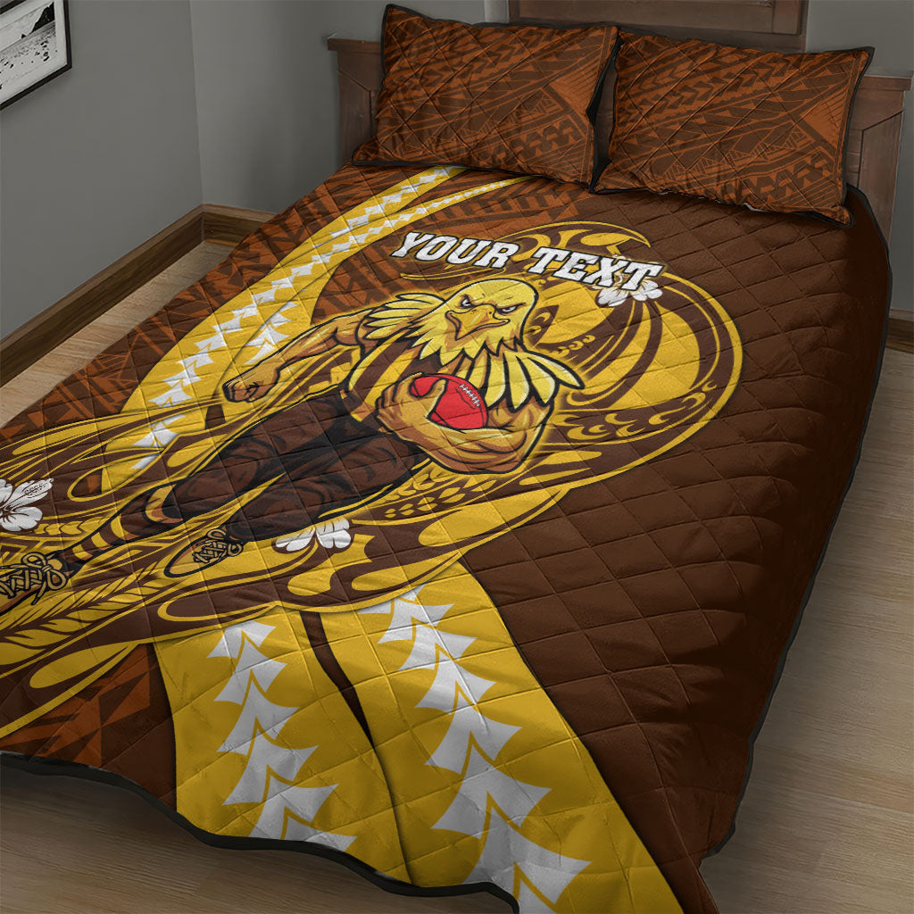 Personalized Hawthorn Hawks Quilt Bed Set Polynesian Tribal Hawk Mascot With Hibiscus Flower Art