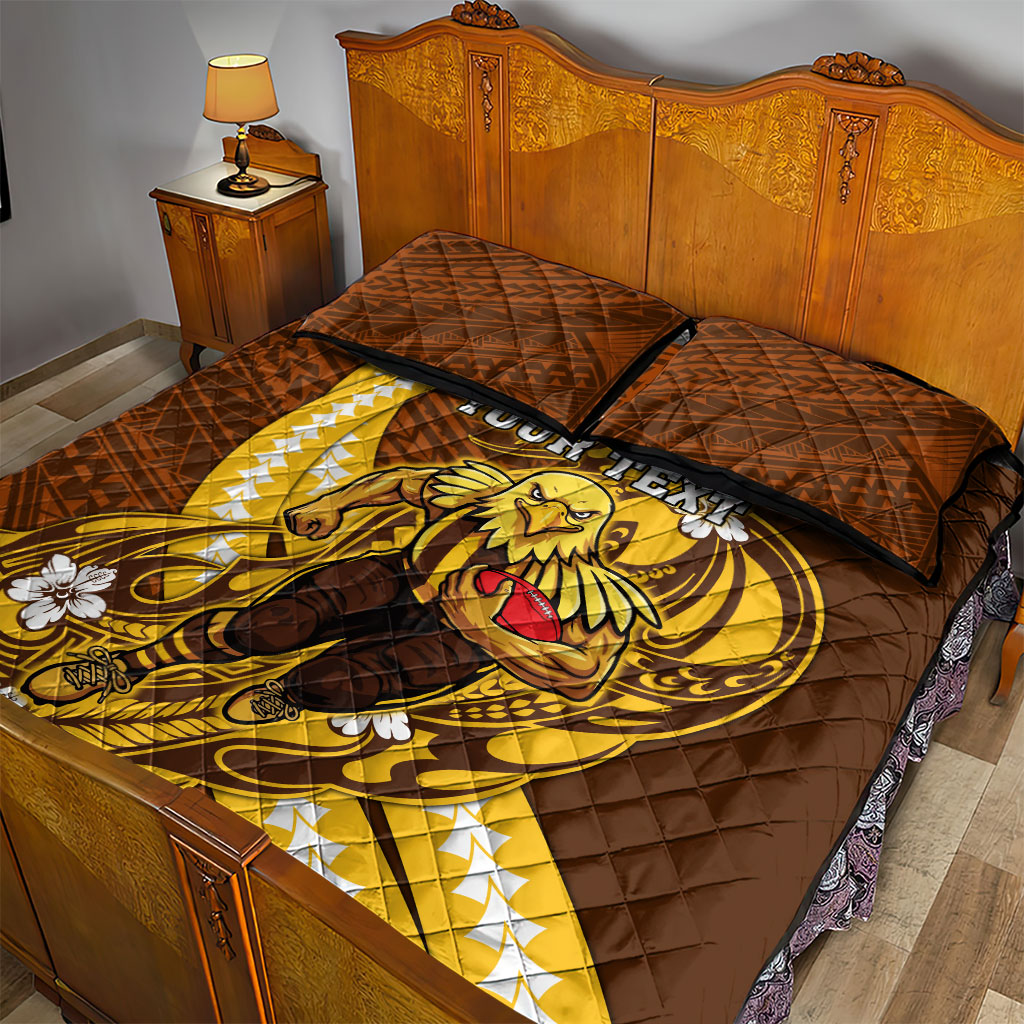 Personalized Hawthorn Hawks Quilt Bed Set Polynesian Tribal Hawk Mascot With Hibiscus Flower Art