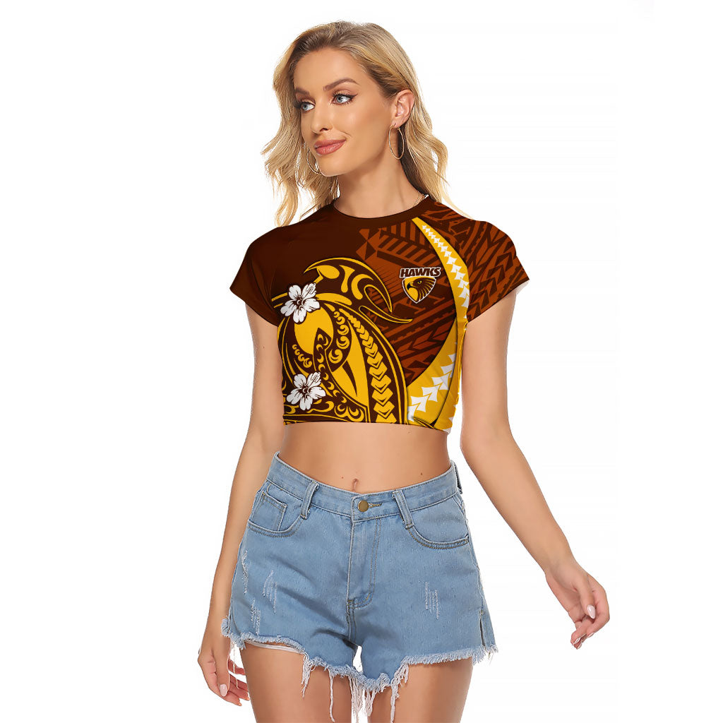 Personalized Hawthorn Hawks Raglan Cropped T Shirt Polynesian Tribal Hawk Mascot With Hibiscus Flower Art