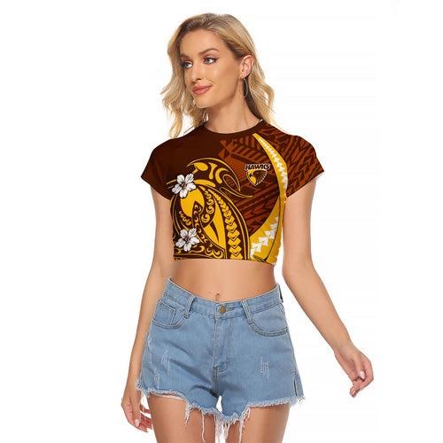 Personalized Hawthorn Hawks Raglan Cropped T Shirt Polynesian Tribal Hawk Mascot With Hibiscus Flower Art
