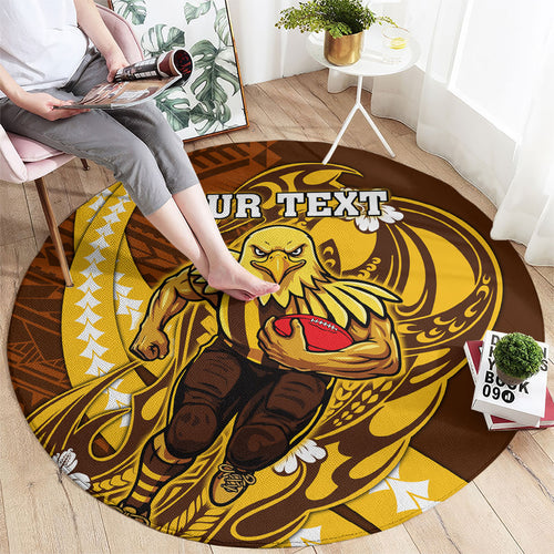 Personalized Hawthorn Hawks Round Carpet Polynesian Tribal Hawk Mascot With Hibiscus Flower Art