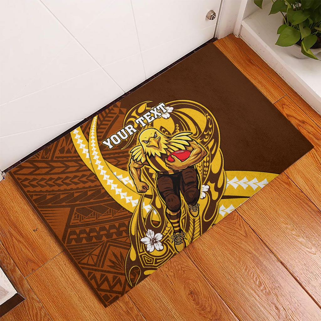 Personalized Hawthorn Hawks Rubber Doormat Polynesian Tribal Hawk Mascot With Hibiscus Flower Art