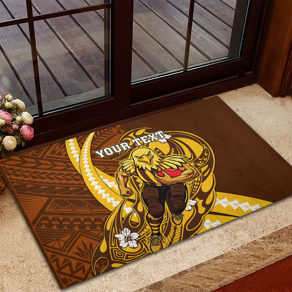 Personalized Hawthorn Hawks Rubber Doormat Polynesian Tribal Hawk Mascot With Hibiscus Flower Art