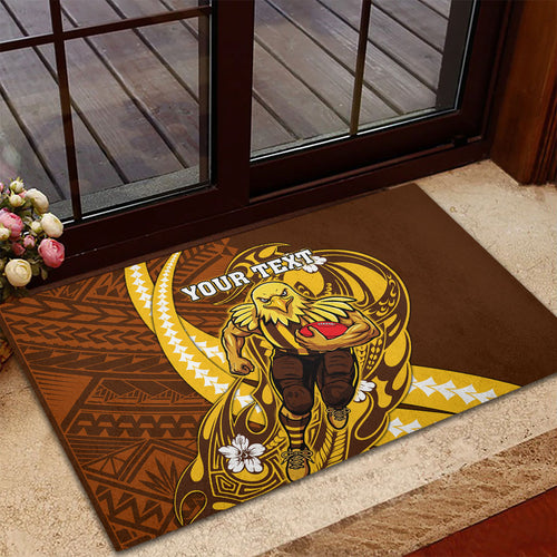 Personalized Hawthorn Hawks Rubber Doormat Polynesian Tribal Hawk Mascot With Hibiscus Flower Art