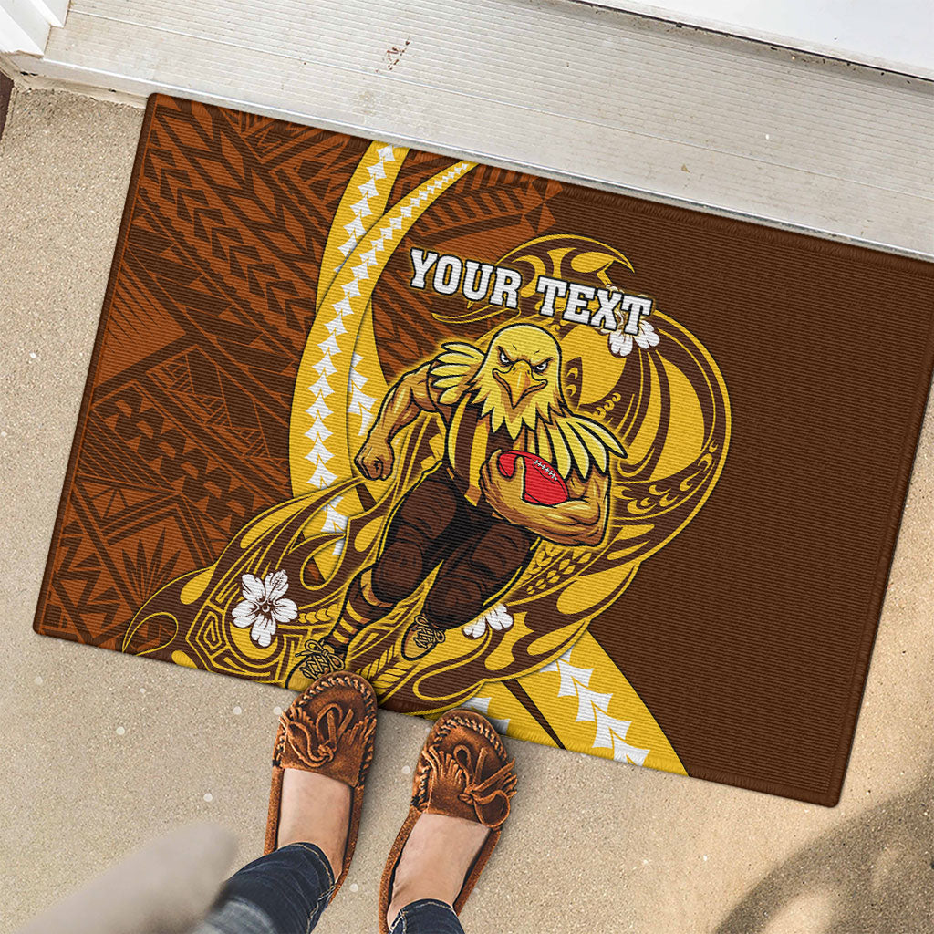Personalized Hawthorn Hawks Rubber Doormat Polynesian Tribal Hawk Mascot With Hibiscus Flower Art