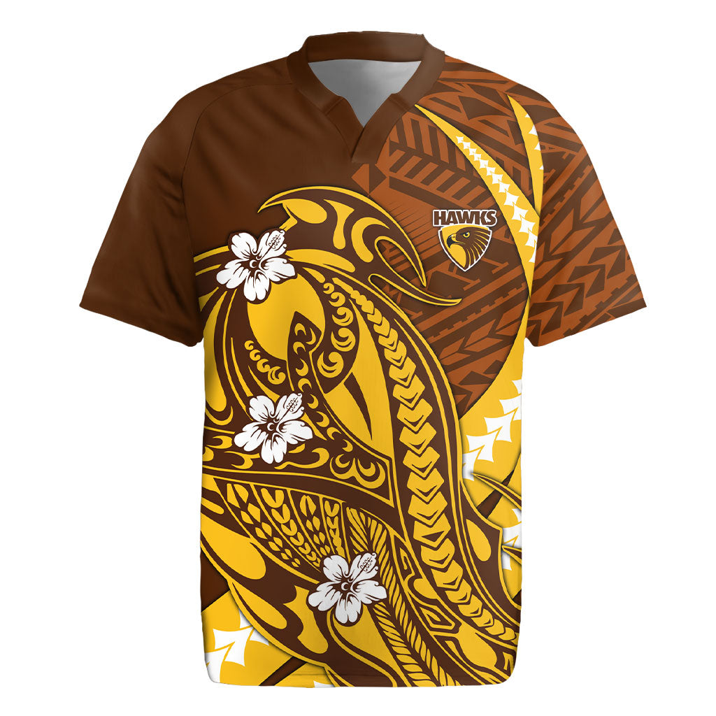 Personalized Hawthorn Hawks Rugby Jersey Polynesian Tribal Hawk Mascot With Hibiscus Flower Art