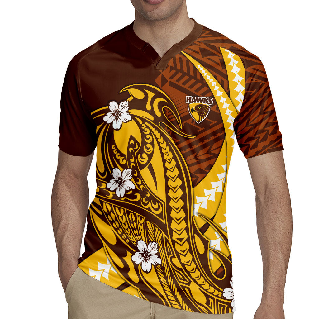 Personalized Hawthorn Hawks Rugby Jersey Polynesian Tribal Hawk Mascot With Hibiscus Flower Art