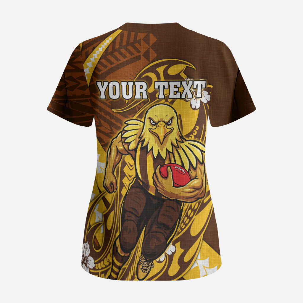 Personalized Hawthorn Hawks Scrub Top Polynesian Tribal Hawk Mascot With Hibiscus Flower Art