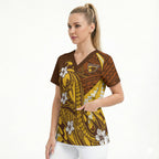 Personalized Hawthorn Hawks Scrub Top Polynesian Tribal Hawk Mascot With Hibiscus Flower Art