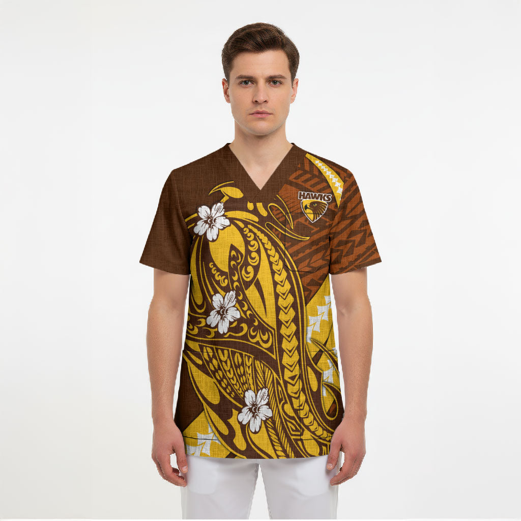 Personalized Hawthorn Hawks Scrub Top Polynesian Tribal Hawk Mascot With Hibiscus Flower Art