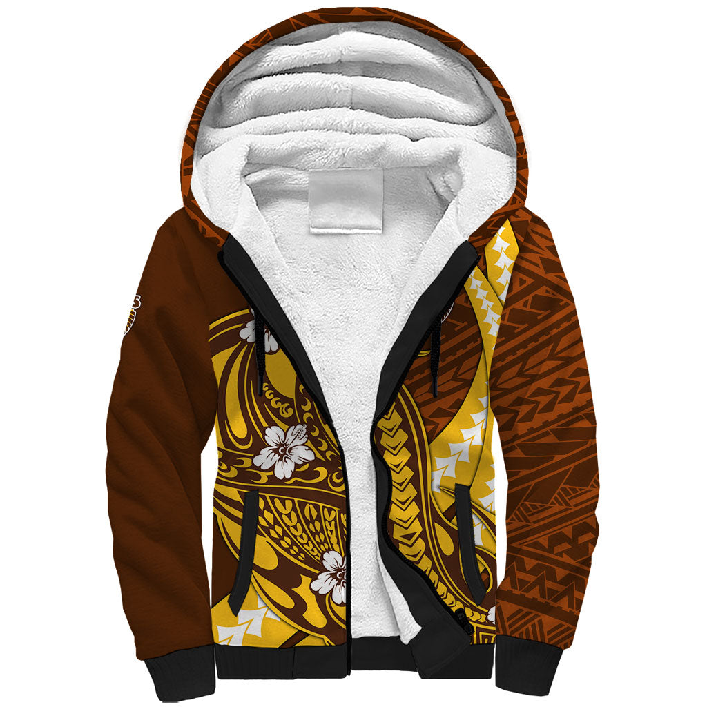 Personalized Hawthorn Hawks Sherpa Hoodie Polynesian Tribal Hawk Mascot With Hibiscus Flower Art