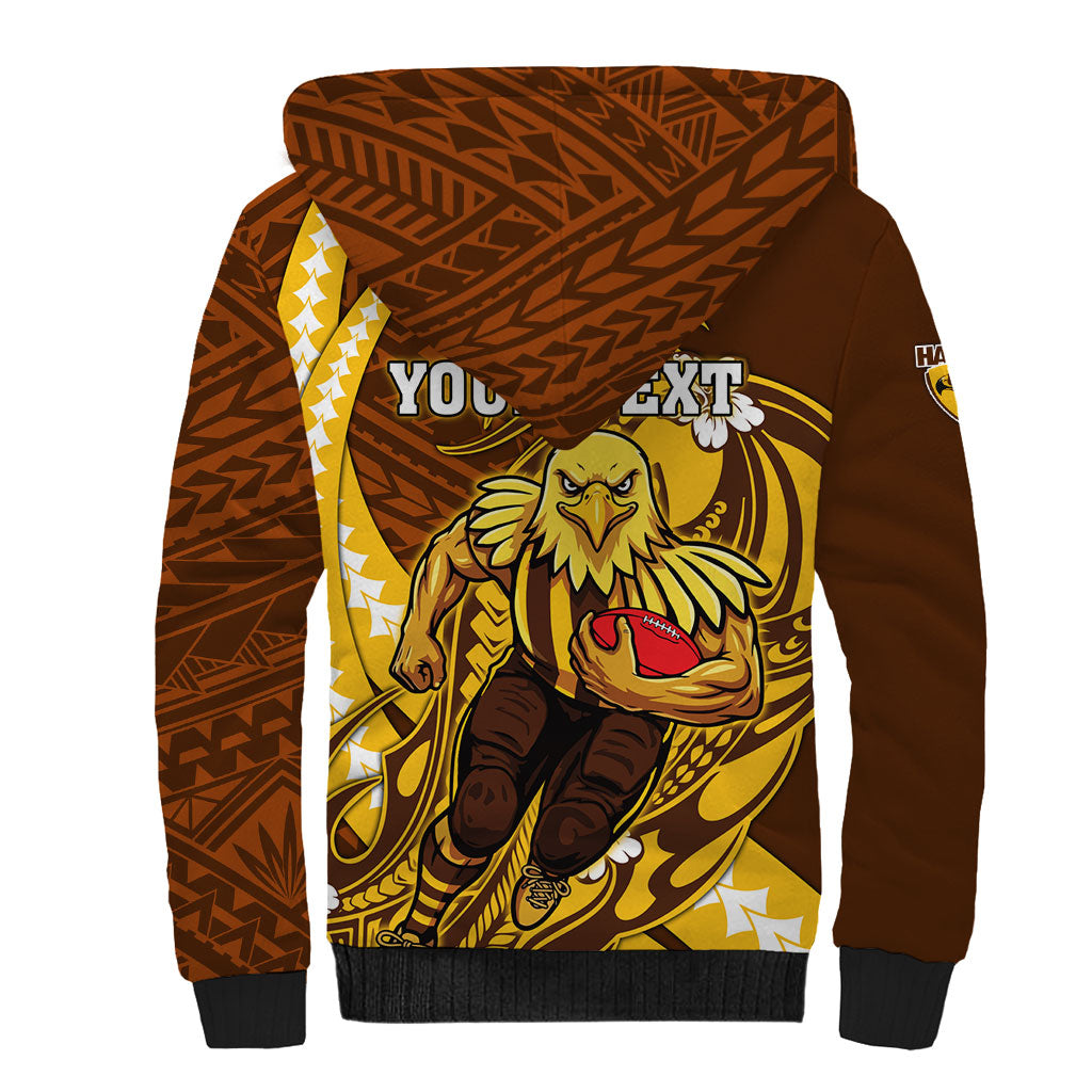 Personalized Hawthorn Hawks Sherpa Hoodie Polynesian Tribal Hawk Mascot With Hibiscus Flower Art