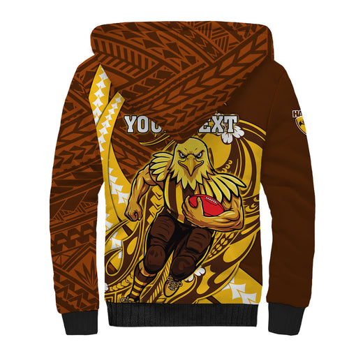 Personalized Hawthorn Hawks Sherpa Hoodie Polynesian Tribal Hawk Mascot With Hibiscus Flower Art