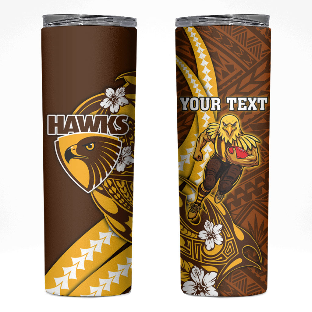 Personalized Hawthorn Hawks Skinny Tumbler Polynesian Tribal Hawk Mascot With Hibiscus Flower Art