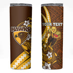 Personalized Hawthorn Hawks Skinny Tumbler Polynesian Tribal Hawk Mascot With Hibiscus Flower Art