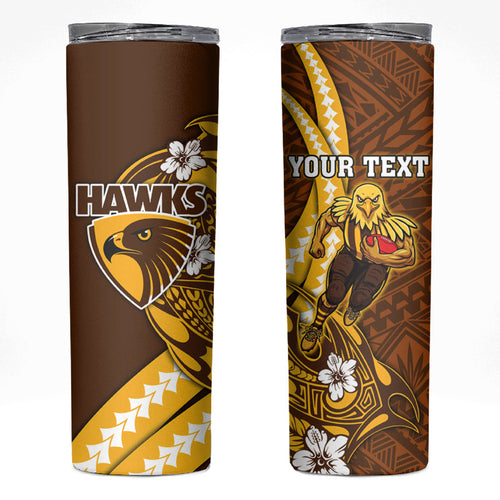 Personalized Hawthorn Hawks Skinny Tumbler Polynesian Tribal Hawk Mascot With Hibiscus Flower Art