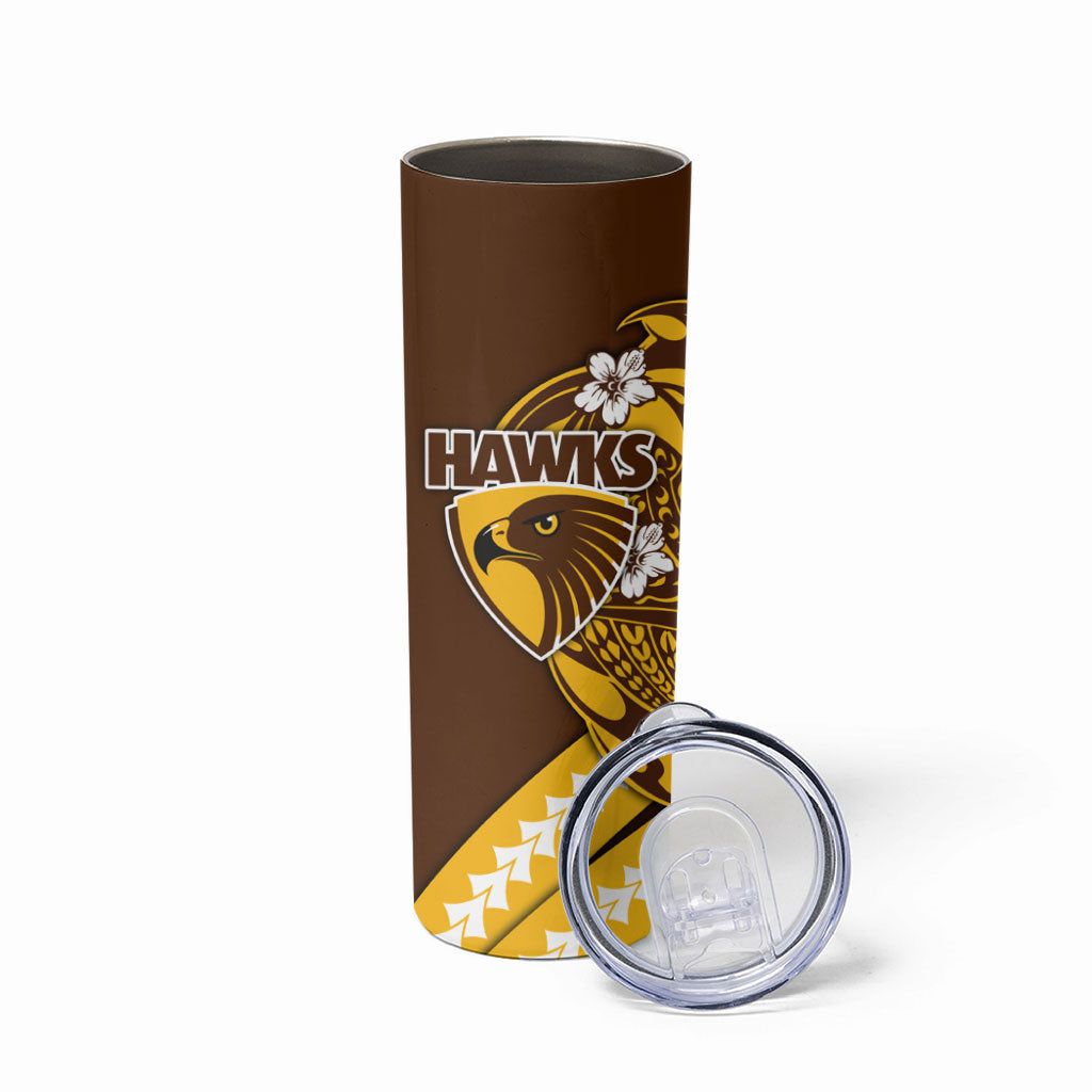 Personalized Hawthorn Hawks Skinny Tumbler Polynesian Tribal Hawk Mascot With Hibiscus Flower Art