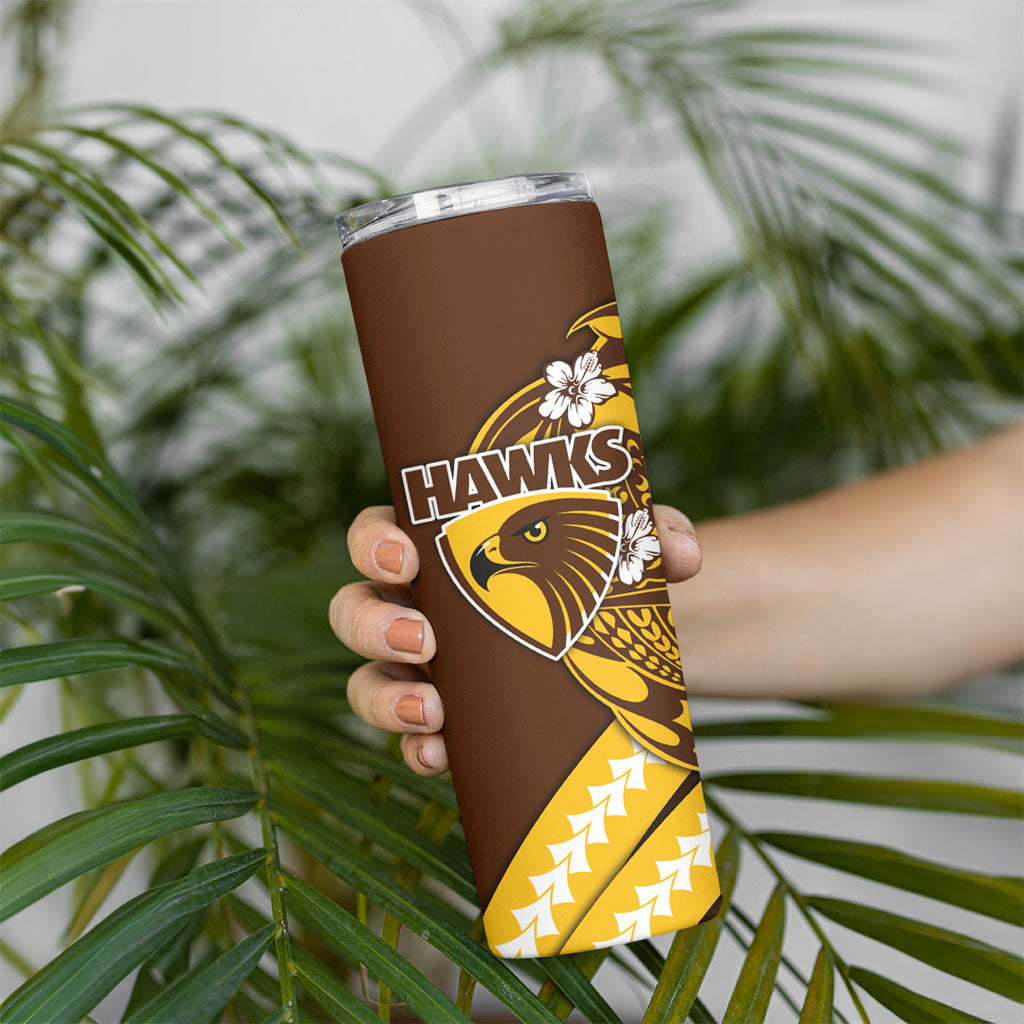 Personalized Hawthorn Hawks Skinny Tumbler Polynesian Tribal Hawk Mascot With Hibiscus Flower Art