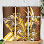 Personalized Hawthorn Hawks Skinny Tumbler Polynesian Tribal Hawk Mascot With Hibiscus Flower Art