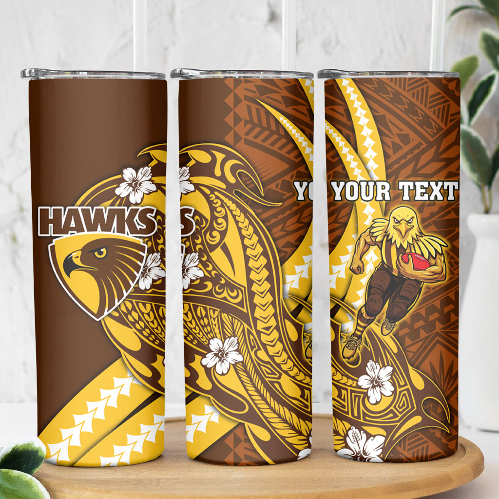 Personalized Hawthorn Hawks Skinny Tumbler Polynesian Tribal Hawk Mascot With Hibiscus Flower Art