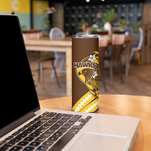 Personalized Hawthorn Hawks Skinny Tumbler Polynesian Tribal Hawk Mascot With Hibiscus Flower Art