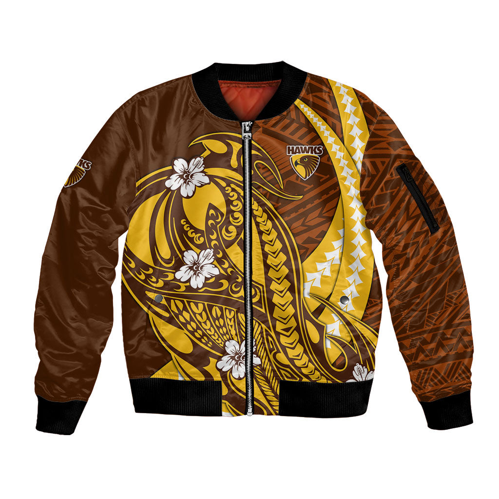 Personalized Hawthorn Hawks Sleeve Zip Bomber Jacket Polynesian Tribal Hawk Mascot With Hibiscus Flower Art