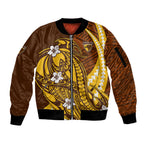 Personalized Hawthorn Hawks Sleeve Zip Bomber Jacket Polynesian Tribal Hawk Mascot With Hibiscus Flower Art