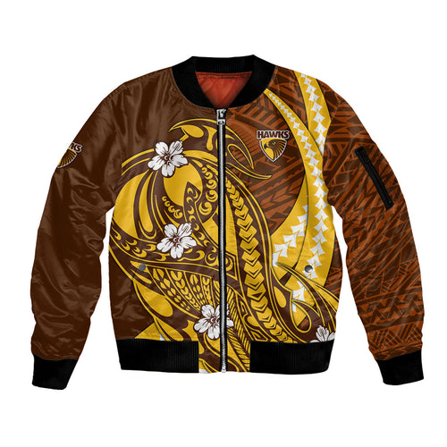 Personalized Hawthorn Hawks Sleeve Zip Bomber Jacket Polynesian Tribal Hawk Mascot With Hibiscus Flower Art