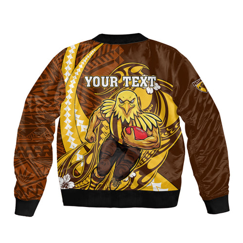 Personalized Hawthorn Hawks Sleeve Zip Bomber Jacket Polynesian Tribal Hawk Mascot With Hibiscus Flower Art