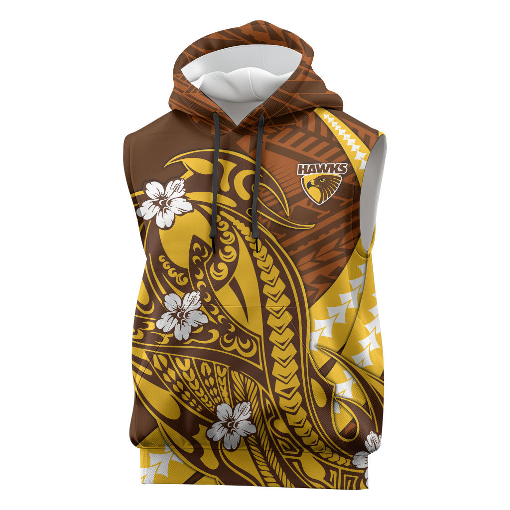 Personalized Hawthorn Hawks Sleeveless Hoodie Polynesian Tribal Hawk Mascot With Hibiscus Flower Art