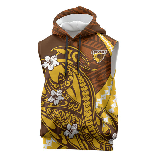 Personalized Hawthorn Hawks Sleeveless Hoodie Polynesian Tribal Hawk Mascot With Hibiscus Flower Art