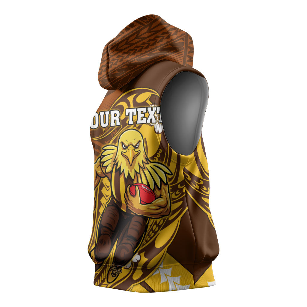 Personalized Hawthorn Hawks Sleeveless Hoodie Polynesian Tribal Hawk Mascot With Hibiscus Flower Art