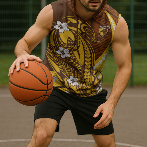 Personalized Hawthorn Hawks Sleeveless Hoodie Polynesian Tribal Hawk Mascot With Hibiscus Flower Art