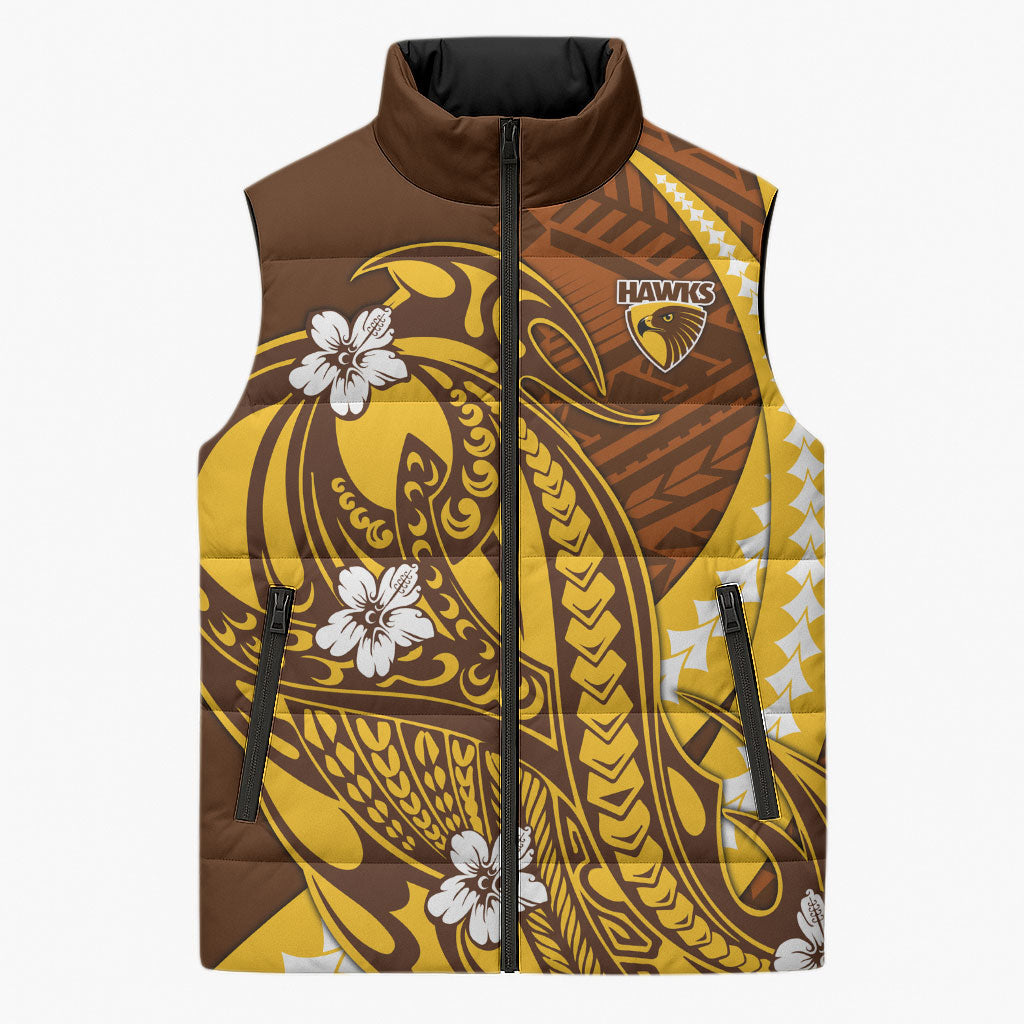 Personalized Hawthorn Hawks Sleeveless Puffer Jacket Polynesian Tribal Hawk Mascot With Hibiscus Flower Art