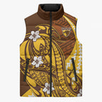 Personalized Hawthorn Hawks Sleeveless Puffer Jacket Polynesian Tribal Hawk Mascot With Hibiscus Flower Art