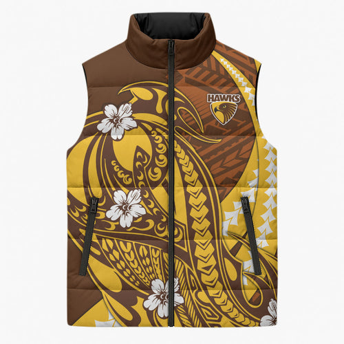 Personalized Hawthorn Hawks Sleeveless Puffer Jacket Polynesian Tribal Hawk Mascot With Hibiscus Flower Art