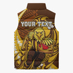 Personalized Hawthorn Hawks Sleeveless Puffer Jacket Polynesian Tribal Hawk Mascot With Hibiscus Flower Art