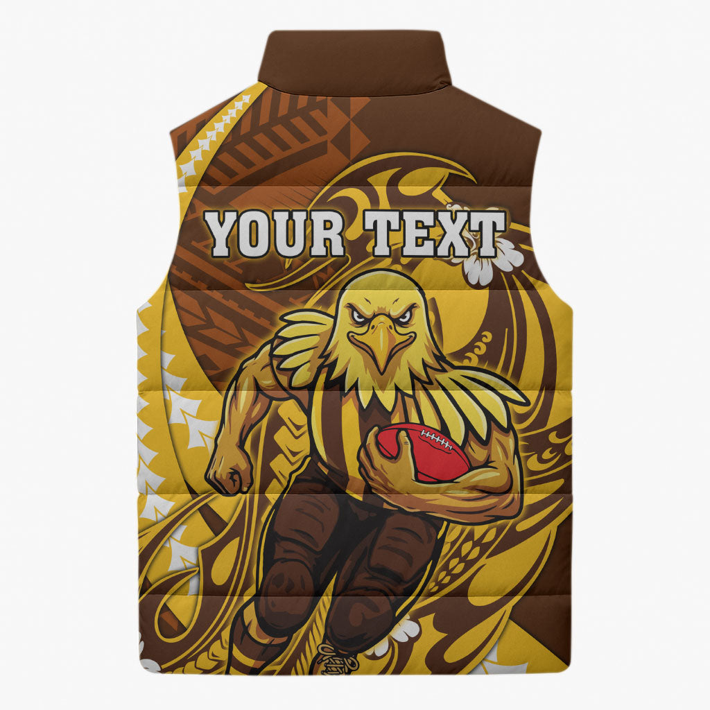 Personalized Hawthorn Hawks Sleeveless Puffer Jacket Polynesian Tribal Hawk Mascot With Hibiscus Flower Art